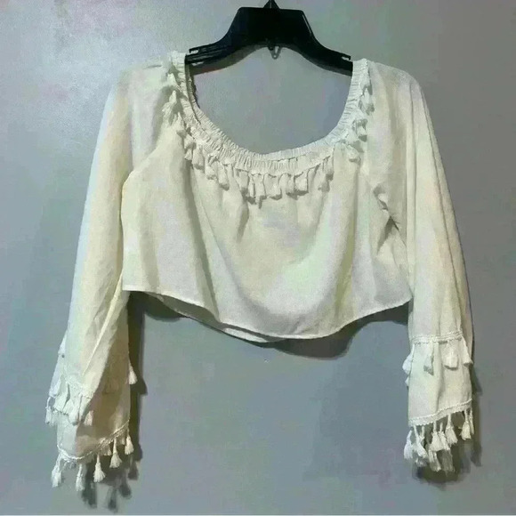 Women’s Linen Cropped Long Sleeve OFF SHOULDER Macrame size LARGE WHITE Beach - Picture 4 of 9